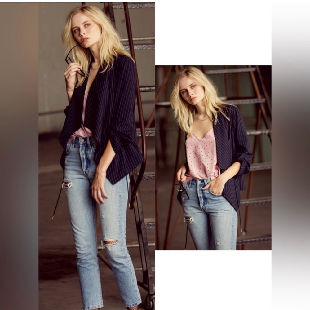 Pinstripe Draped Drawstring Blazer Navy M